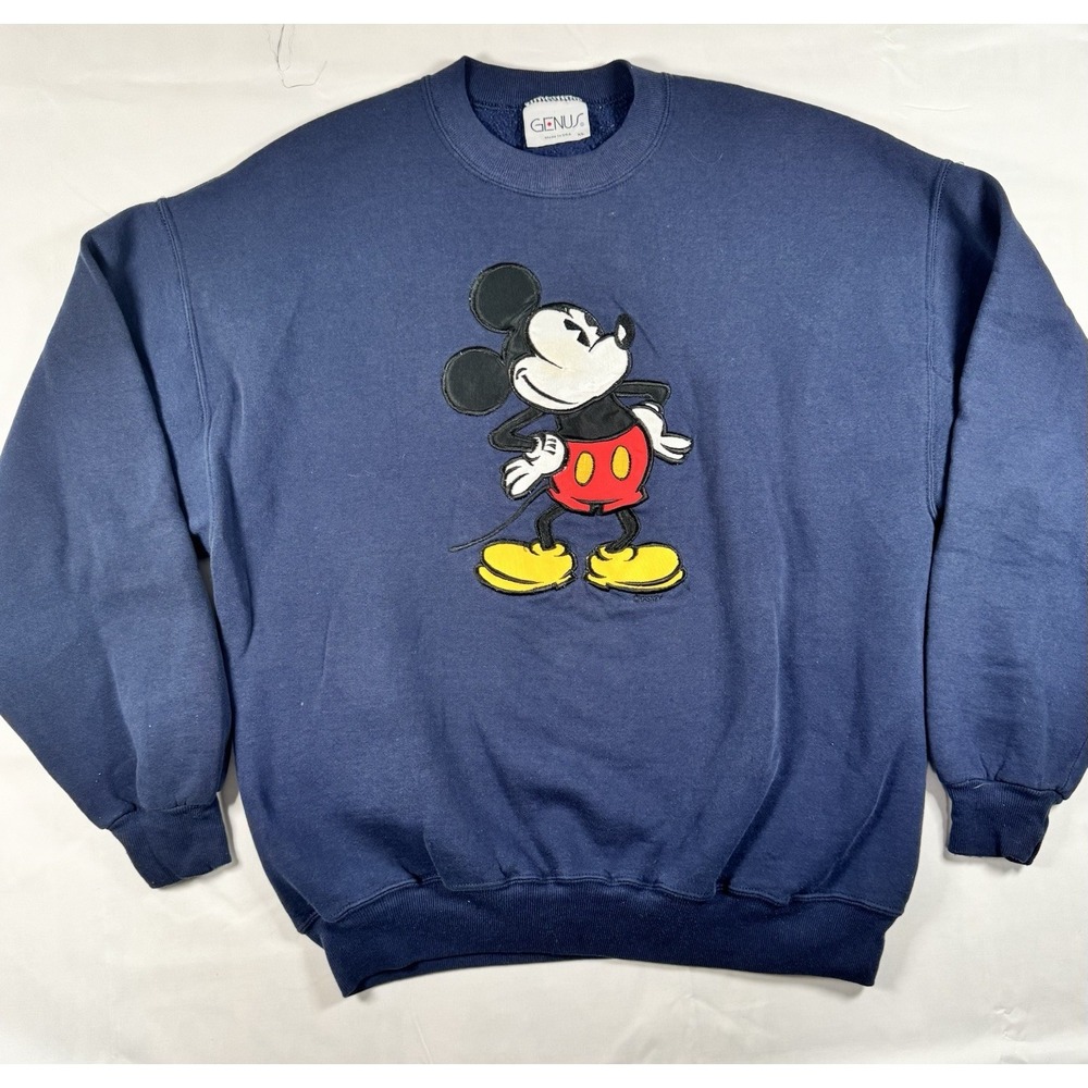 Vintage 90s Mickey Mouse Embroidered Applique Sweatshirt XL Genus Navy USA Made